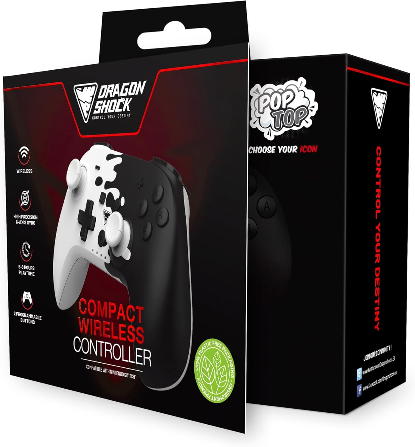 DragonShock - PopTop Black and White - Compact Bluetooth Wireless Controller for Nintendo Switch - Switch OLED - PC - Android