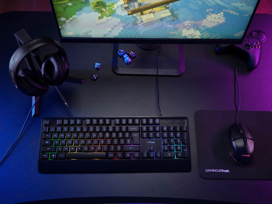 Trust Gaming GXT 792 Quadrox 4-in-1 Gaming Keyboard and Mouse Set, QWERTY UK, Lightweight Headset with Microphone, Mouse Mat, Gaming PC Bundle, RGB Gamer Set for Computer, Laptop, Desktop - Black