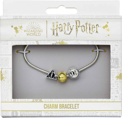 The Carat Shop Harry Potter Silver Charm Bracelet with Deathly Hallows and Golden Snitch and Way 9 3/4-17 cm
