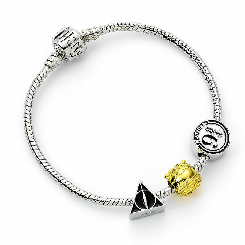 Harry Potter Charm Bracelet (19cm Medium) – Silver-Plated with Deathly Hallows, Platform 9¾ and Golden Snitch Bracelet Charms – Official Harry Potter Gifts for Women and Girls in a Gift Box