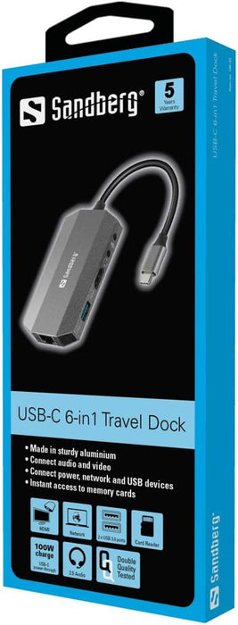 Sandberg USB-C 6in1 Travel Dock | Docking Station USB-C to HDMI Ethernet Audio Microphone Port Memory Card USB-C USB-A | Power Through | Multiport Adapter | USB 3.0 Hub | Compatible w Windows MacOS