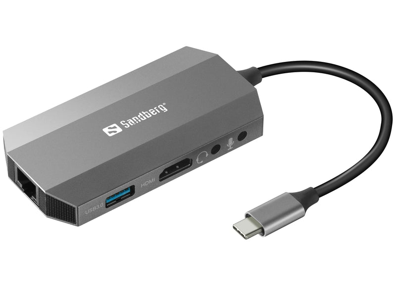 Sandberg USB-C 6in1 Travel Dock | Docking Station USB-C to HDMI Ethernet Audio Microphone Port Memory Card USB-C USB-A | Power Through | Multiport Adapter | USB 3.0 Hub | Compatible w Windows MacOS