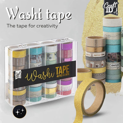 Craft ID Washi Tape Set Vintage | 40 Rolls | Decorative Coloured Tape for Scrapbooking Bullet Diary | Pattern Tape | Decorative Diary | Adhesive Glitter for Crafts | Wedding Stickers