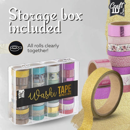 Craft ID Washi Tape Set Vintage | 40 Rolls | Decorative Coloured Tape for Scrapbooking Bullet Diary | Pattern Tape | Decorative Diary | Adhesive Glitter for Crafts | Wedding Stickers