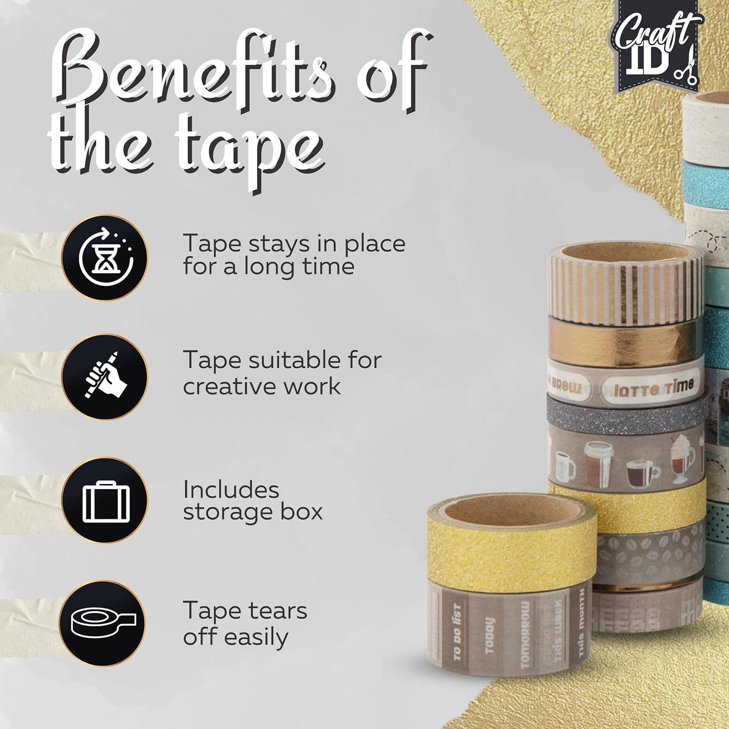 Craft ID Washi Tape Set Vintage | 40 Rolls | Decorative Coloured Tape for Scrapbooking Bullet Diary | Pattern Tape | Decorative Diary | Adhesive Glitter for Crafts | Wedding Stickers