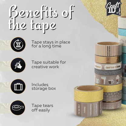 Craft ID Washi Tape Set Vintage | 40 Rolls | Decorative Coloured Tape for Scrapbooking Bullet Diary | Pattern Tape | Decorative Diary | Adhesive Glitter for Crafts | Wedding Stickers