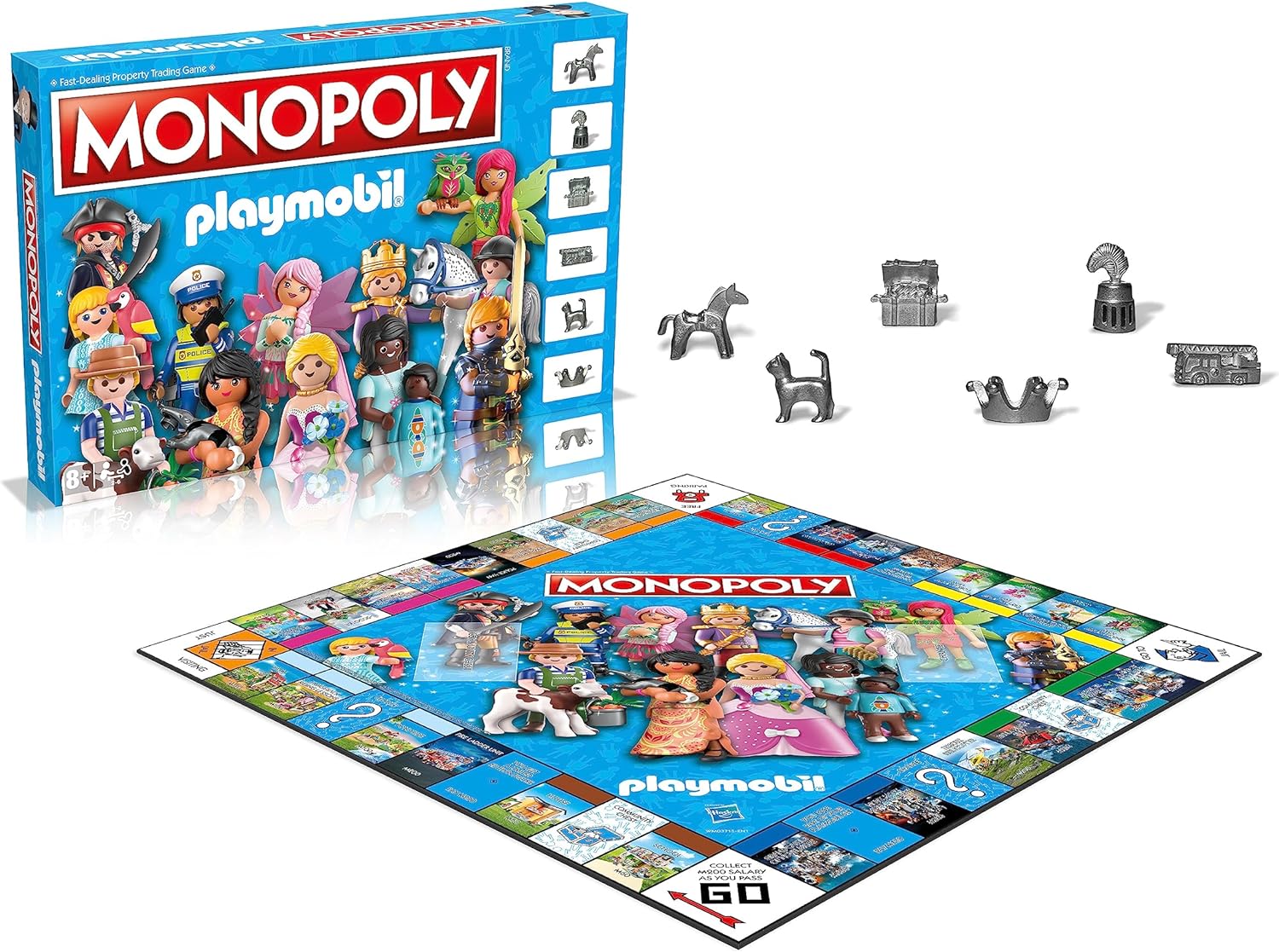 Winning Moves Playmobil Monopoly Board Game, buy iconic PLAYMOBIL sets from the Stable, Police Headquarters to the Princess Castle and Skull Pirate Ship, great gift for ages 8 plus