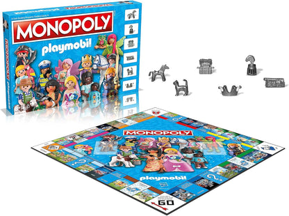 Winning Moves Playmobil Monopoly Board Game, buy iconic PLAYMOBIL sets from the Stable, Police Headquarters to the Princess Castle and Skull Pirate Ship, great gift for ages 8 plus