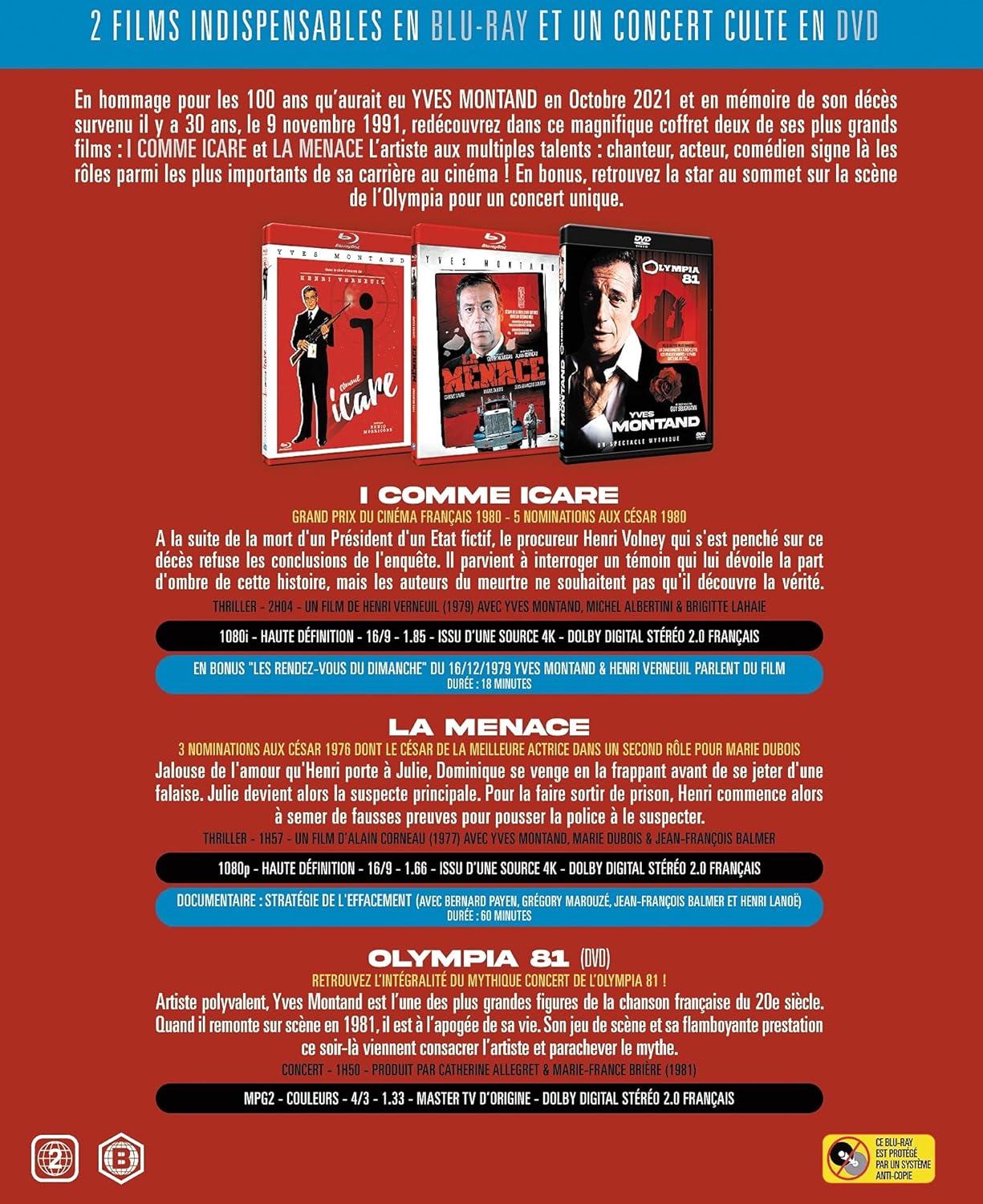 Yves Montand Set: I wie Icare + La Bedreiging + Olympia 81