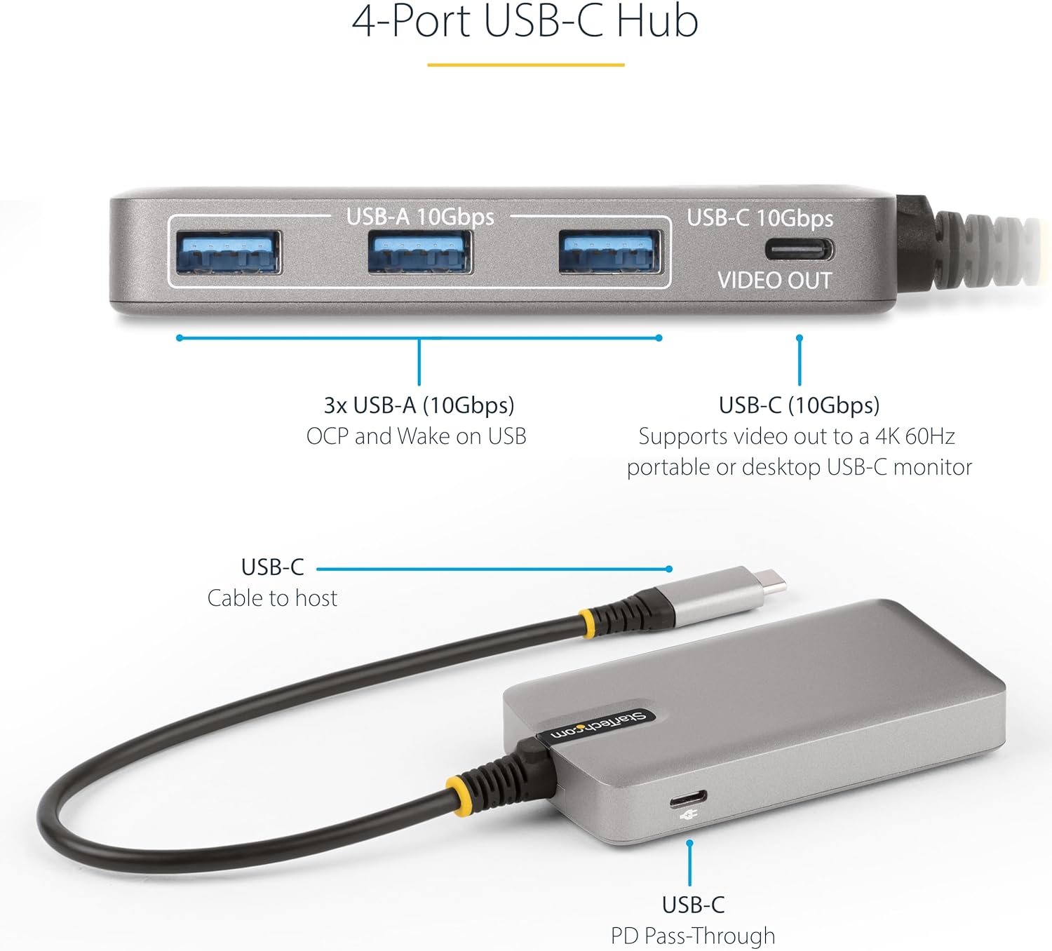 StarTech.com 4-Port USB-C Hub with USB-C DP Alt Mode Video Output 4K 60Hz - 3x USB-A, 1x USB Type-C, 100W Power Delivery Pass-Through, USB 3.2 10Gbps, 1ft/30cm Cable, Portable USB Hub (HB31C3A1CDPPD3