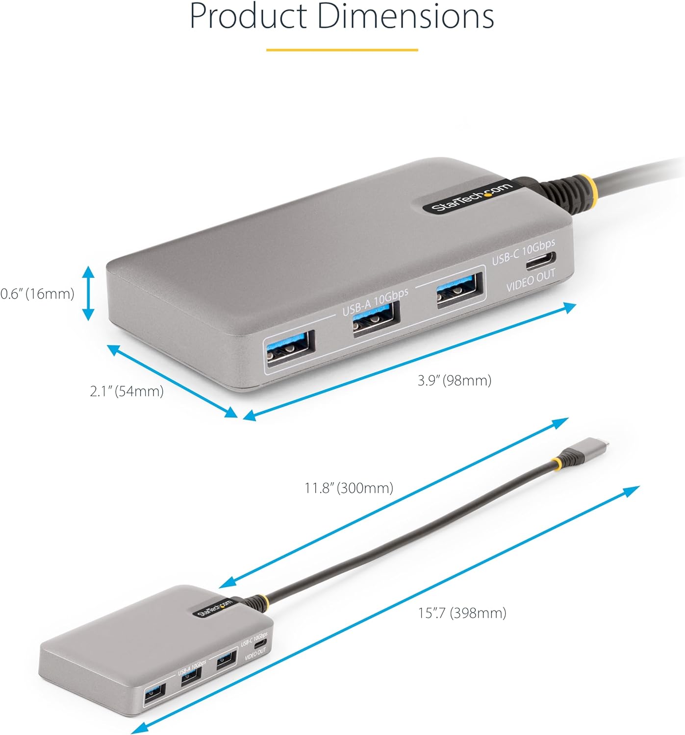 StarTech.com 4-Port USB-C Hub with USB-C DP Alt Mode Video Output 4K 60Hz - 3x USB-A, 1x USB Type-C, 100W Power Delivery Pass-Through, USB 3.2 10Gbps, 1ft/30cm Cable, Portable USB Hub (HB31C3A1CDPPD3