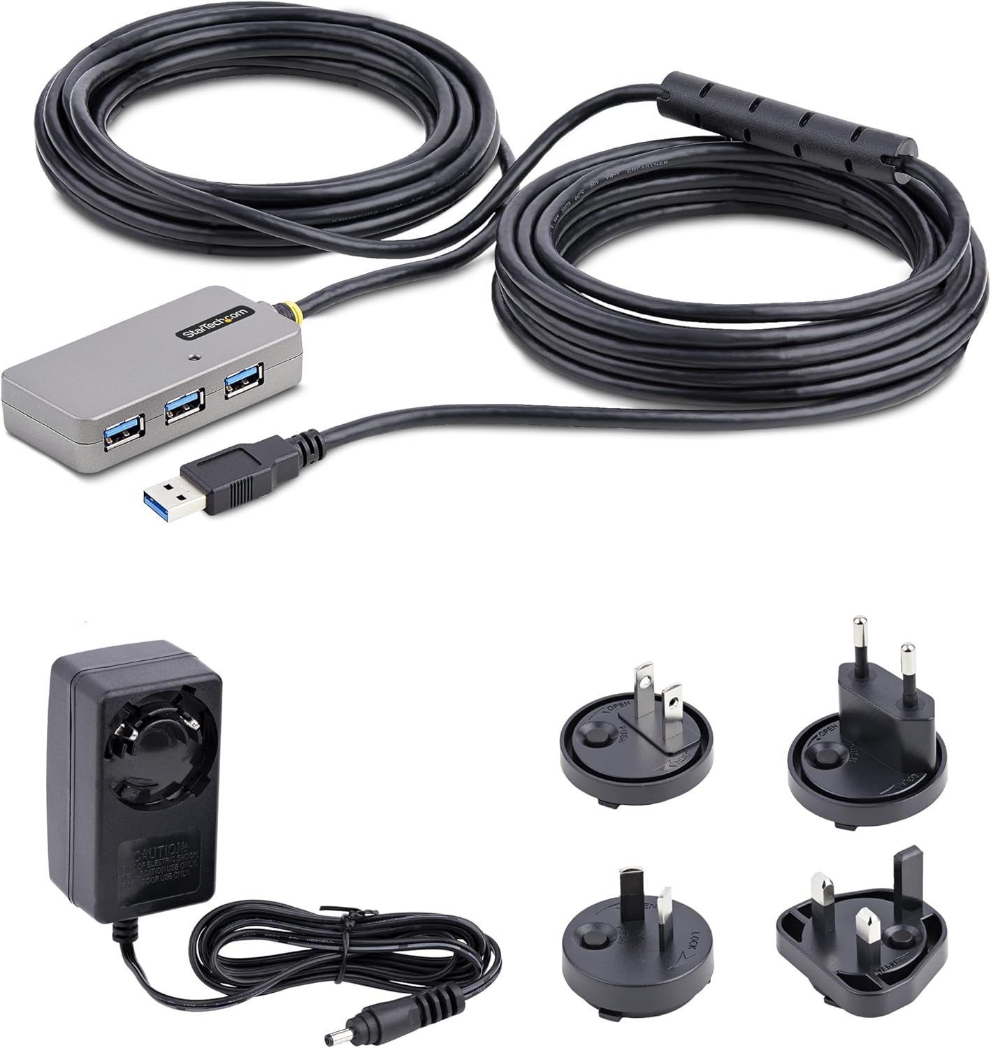 StarTech.com USB Extender Hub, 10m USB 3.0 Extension Cable w/ 4-Port USB-A Hub, Active/Bus Powered USB Repeater Cable, Optional 20W Power Supply Included, Level 2 ESD Protection (U01043-USB-EXTENDER
