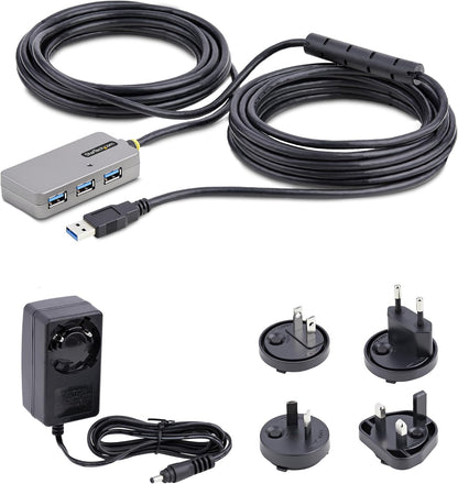 StarTech.com USB Extender Hub, 10m USB 3.0 Extension Cable w/ 4-Port USB-A Hub, Active/Bus Powered USB Repeater Cable, Optional 20W Power Supply Included, Level 2 ESD Protection (U01043-USB-EXTENDER