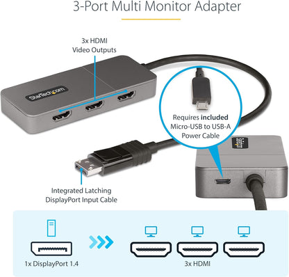 StarTech.com 3-Port MST Hub - DisplayPort to 3x HDMI, Triple 4K 60Hz Monitors, DP 1.4 Multi-Monitor Video Adapter, 1ft (30cm) Built-in Cable, USB Powered, Windows Only (MST14DP123HD