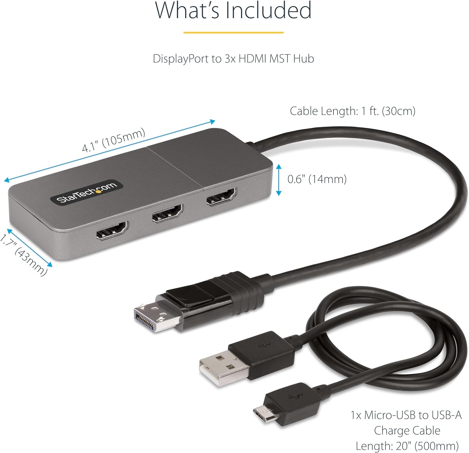 StarTech.com 3-Port MST Hub - DisplayPort to 3x HDMI, Triple 4K 60Hz Monitors, DP 1.4 Multi-Monitor Video Adapter, 1ft (30cm) Built-in Cable, USB Powered, Windows Only (MST14DP123HD