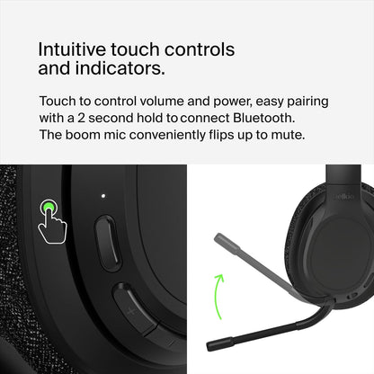 Belkin SoundForm Adapt Wireless Over-Ear Headset,Headphones for Work, Play, Gaming, & Travel with Built-In Boom Microphone - Compatible with iPhone, iPad, Galaxy, and More - Black