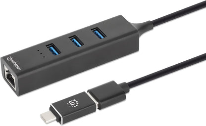 MANHATTAN 180894 USB 3.0 Hub 3 Ports Combo Type-C/A with Gigabit Network Adapter Black
