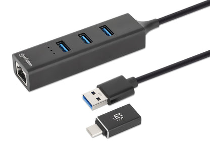 MANHATTAN 180894 USB 3.0 Hub 3 Ports Combo Type-C/A with Gigabit Network Adapter Black