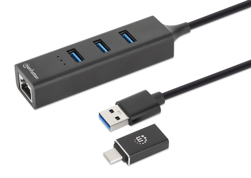 MANHATTAN 180894 USB 3.0 Hub 3 Ports Combo Type-C/A with Gigabit Network Adapter Black