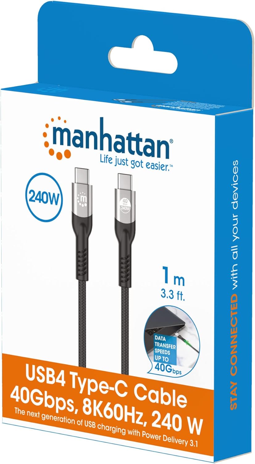 Manhattan 356374 - Cable USB 4 EPR USB-C™ M/M 40G 240W PD 3.1 8K E-Mark Certificado 1 m Negro