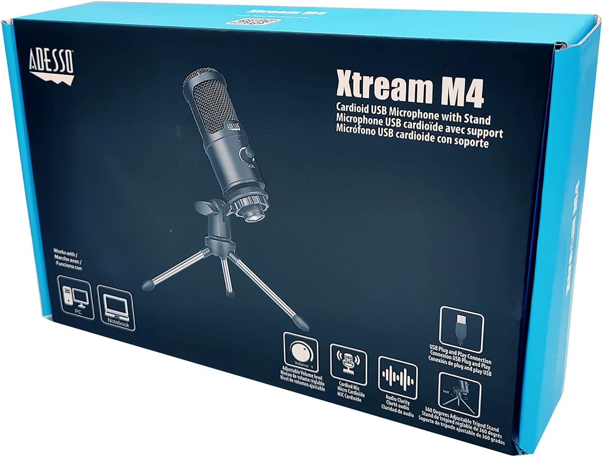 Adesso Xtream M4 Cardioid USB Microphone with Stand for Recording, Streaming and Meetings