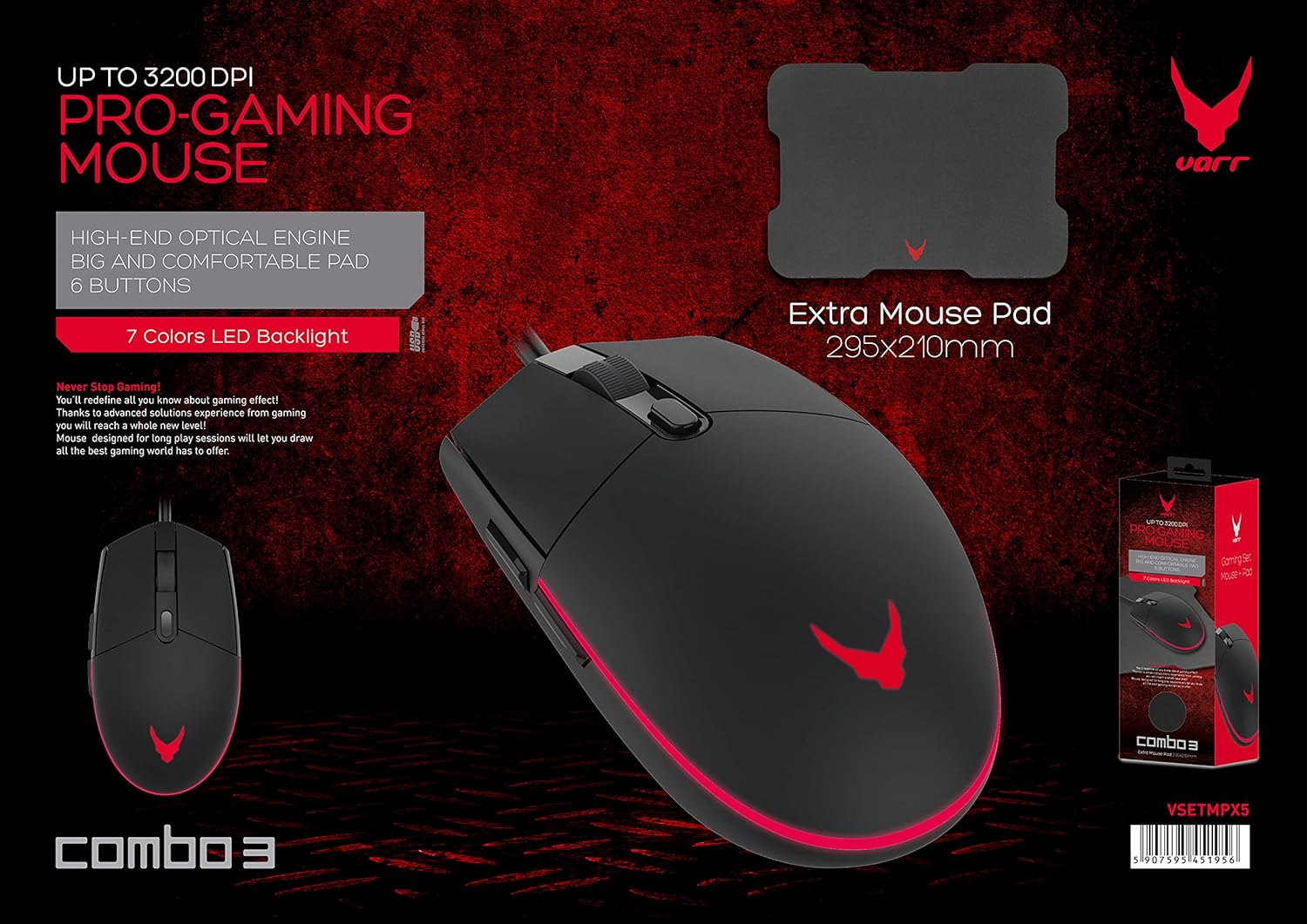 VARR GAMING SET LED MOUSE + MOUSEPAD 295X210X2MM