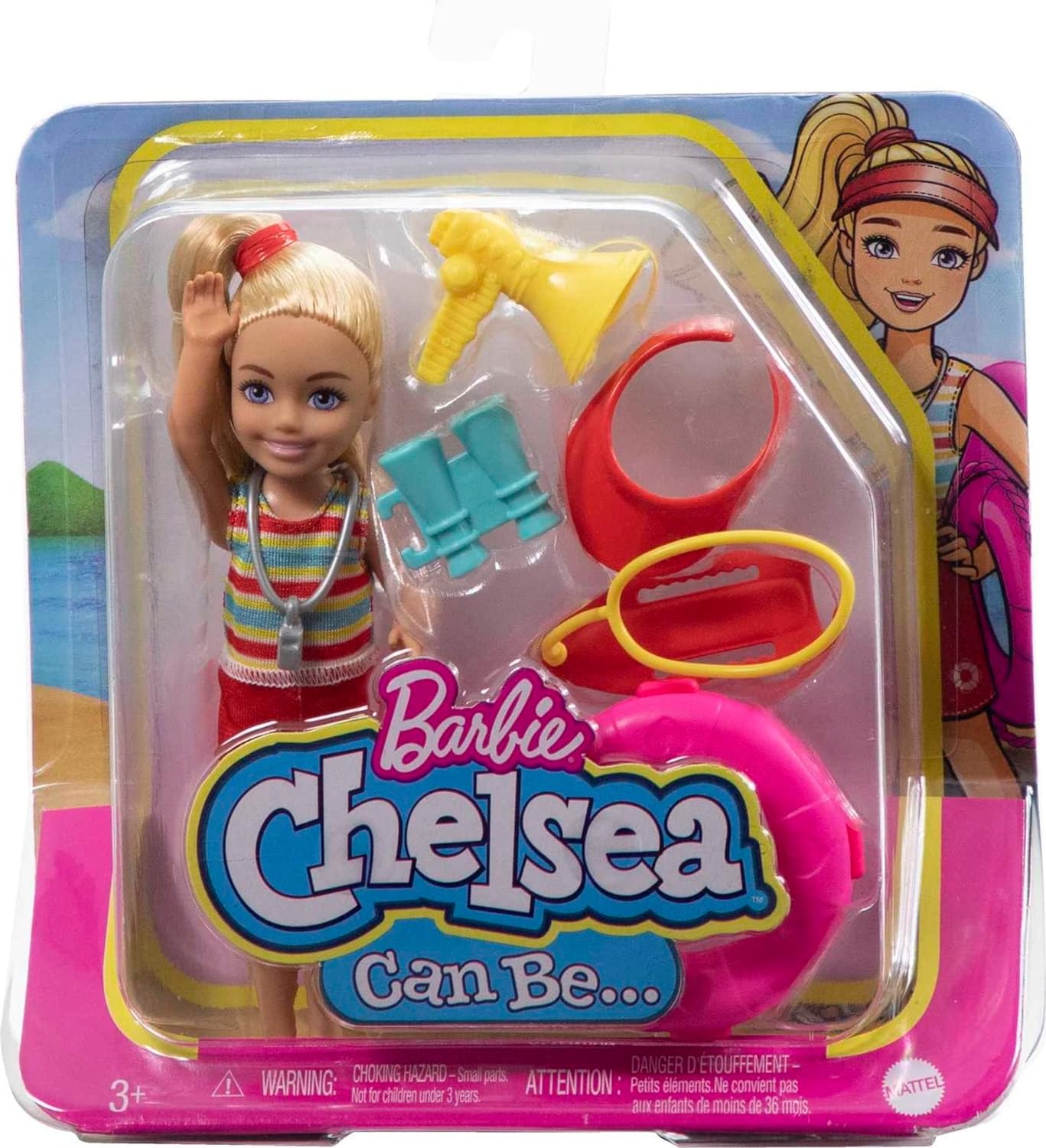 Barbie Puppe & Spielset, Chelsea Can Be Blonde Lifeguard Kleines Puppenset mit Outfit & 6 Karriere-Zubehör