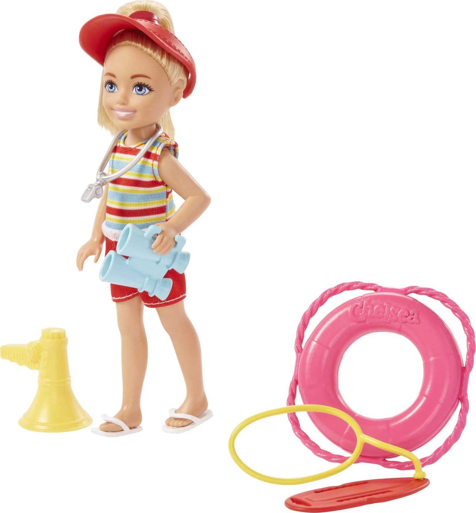 Barbie Puppe & Spielset, Chelsea Can Be Blonde Lifeguard Kleines Puppenset mit Outfit & 6 Karriere-Zubehör