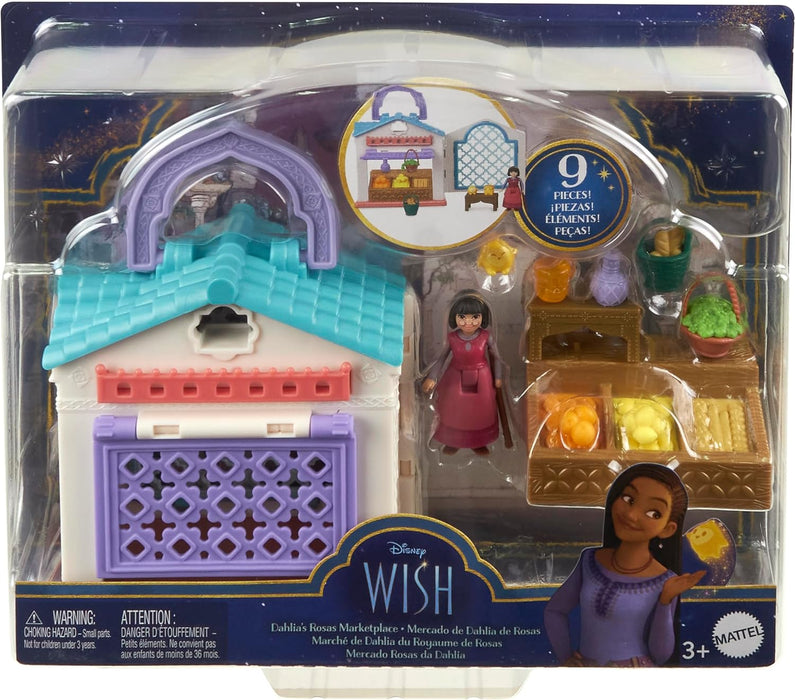 Disney Wish Micro Doll Playset, Dahlia’s Rosas Marketplace Portable Set with Dahlia Doll, Star Figure & 9 Accessories, Travel Toys, HRH74