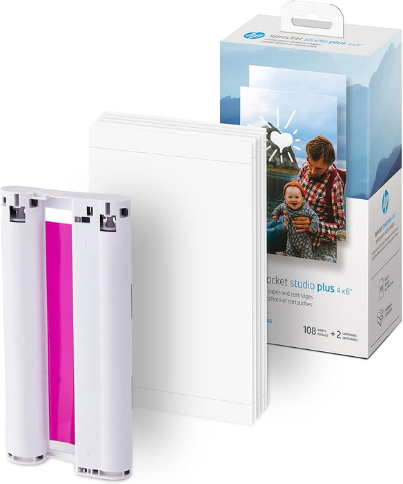 HP Sprocket Studio Plus 4 x 6” Photo Paper and Cartridges (Includes 108 Sheets and 2 Cartridges) – Compatible only with HP Sprocket Studio Plus Printer, White