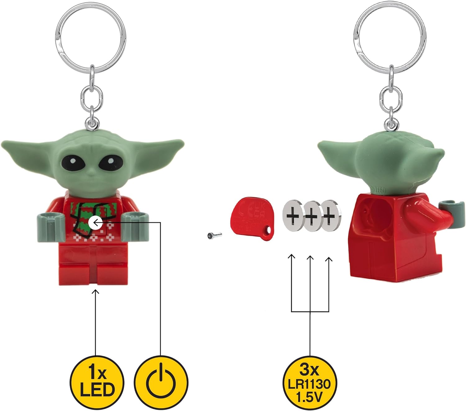 LEGO Star Wars The Mandalorian Keychain Light - Grogu Holiday Sweater (KE208H), Ages 6+, 1 Keychain Light, Green, S