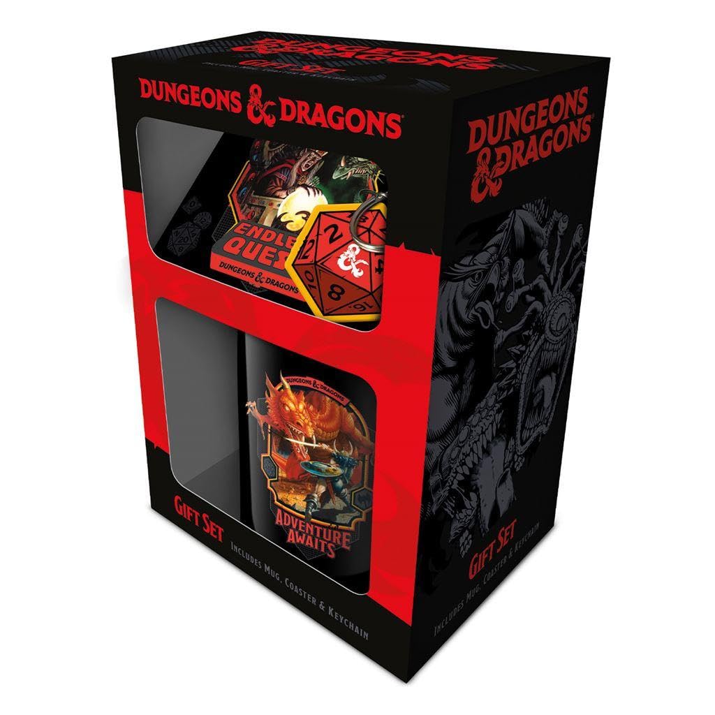 PYRAMID Dungeons and Dragons Gift Set (Modern Retro Design) 11oz Ceramic Coffee Mug, Coaster & Keyring in Presentation Gift Box - Official Merchandise