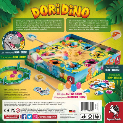 Pegasus Spiele Dori Dino Board Game, 2-4 Players, Age 3+, Glitter Dino Eggs, Box becomes a game board