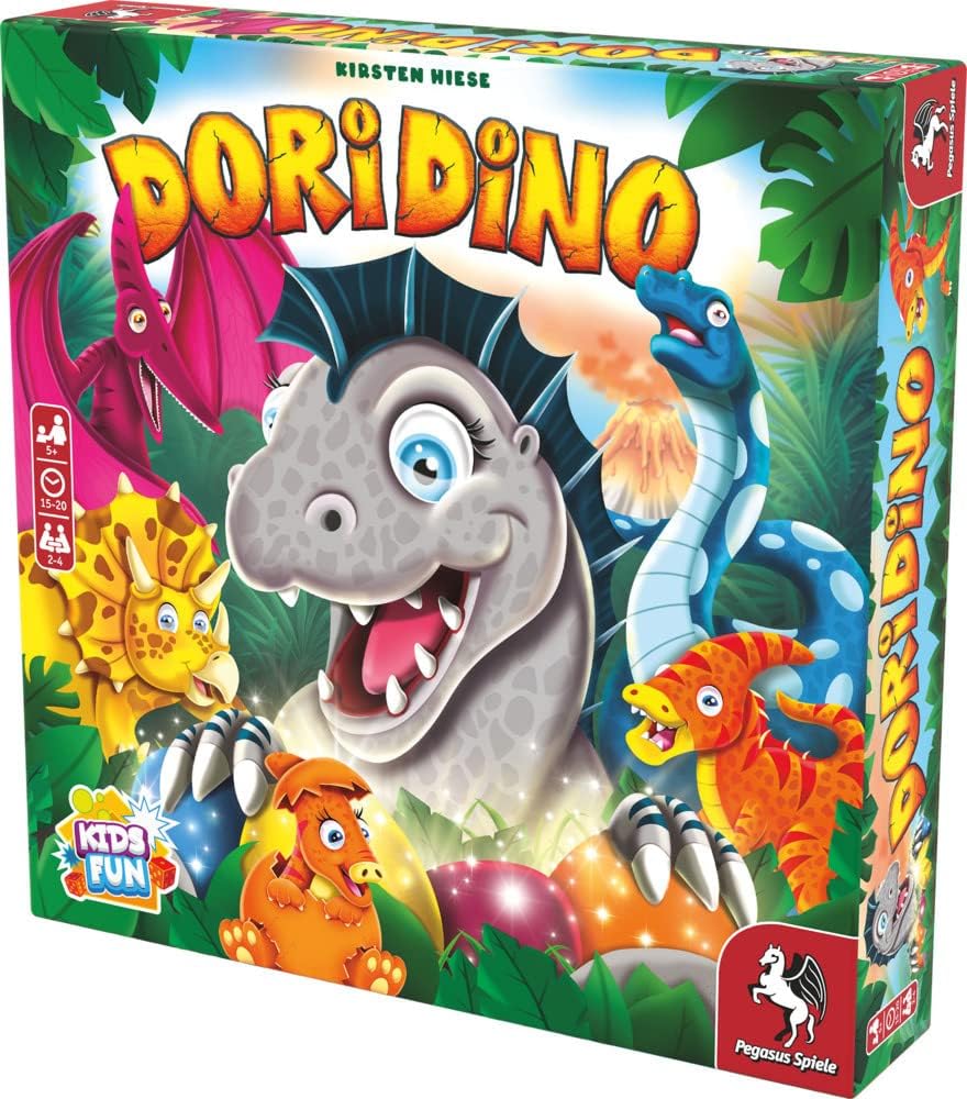 Pegasus Spiele Dori Dino Board Game, 2-4 Players, Age 3+, Glitter Dino Eggs, Box becomes a game board