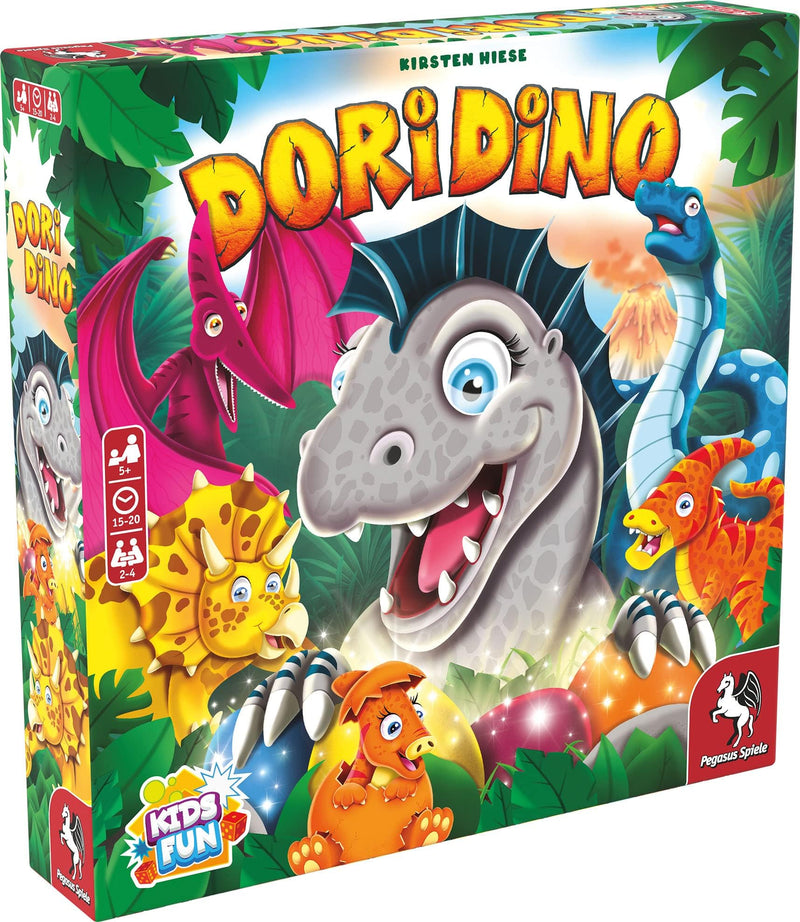 Pegasus Spiele Dori Dino Board Game, 2-4 Players, Age 3+, Glitter Dino Eggs, Box becomes a game board