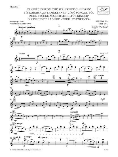 Bartók Béla: Ten Pieces from the Series 'For Children' for three violins and cello or string quartet or youth string orchestra (score and parts). Sheet music and online access code