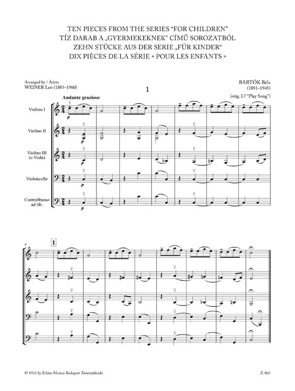 Bartók Béla: Ten Pieces from the Series 'For Children' for three violins and cello or string quartet or youth string orchestra (score and parts). Sheet music and online access code