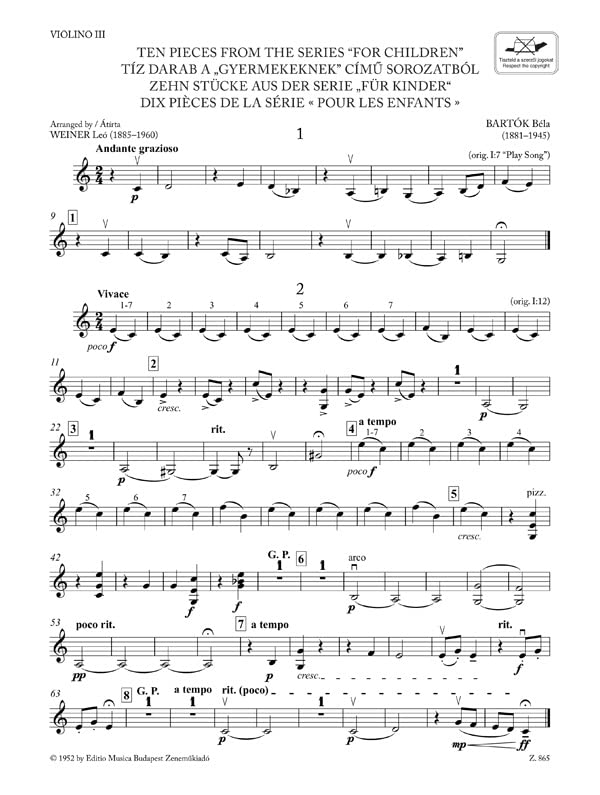 Bartók Béla: Ten Pieces from the Series 'For Children' for three violins and cello or string quartet or youth string orchestra (score and parts). Sheet music and online access code