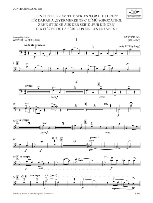 Bartók Béla: Ten Pieces from the Series 'For Children' for three violins and cello or string quartet or youth string orchestra (score and parts). Sheet music and online access code