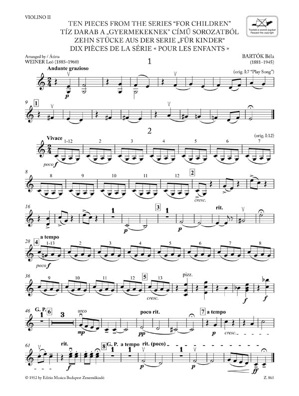 Bartók Béla: Ten Pieces from the Series 'For Children' for three violins and cello or string quartet or youth string orchestra (score and parts). Sheet music and online access code