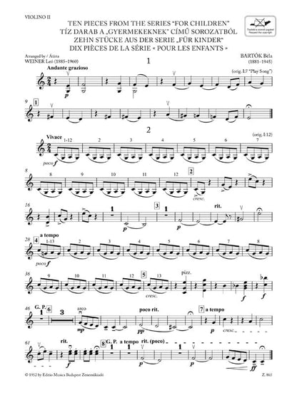 Bartók Béla: Ten Pieces from the Series 'For Children' for three violins and cello or string quartet or youth string orchestra (score and parts). Sheet music and online access code