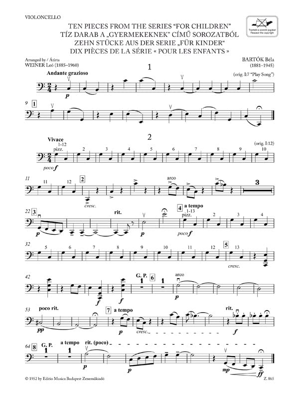 Bartók Béla: Ten Pieces from the Series 'For Children' for three violins and cello or string quartet or youth string orchestra (score and parts). Sheet music and online access code