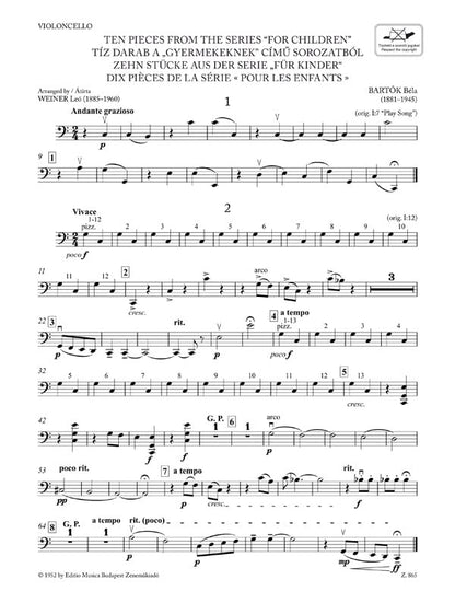 Bartók Béla: Ten Pieces from the Series 'For Children' for three violins and cello or string quartet or youth string orchestra (score and parts). Sheet music and online access code