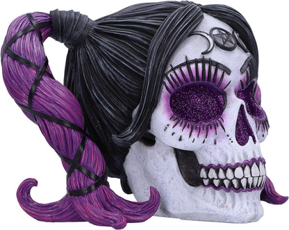 Nemesis Now Drop Dead Gorgeous Myths and Magic Figurine 20.5cm, Resin, Voodoo Doll Skull Ornament, Female Skull with Purple Hair and Glitter Eyes, Cast in the Finest Resin, Expertly Hand-Painted