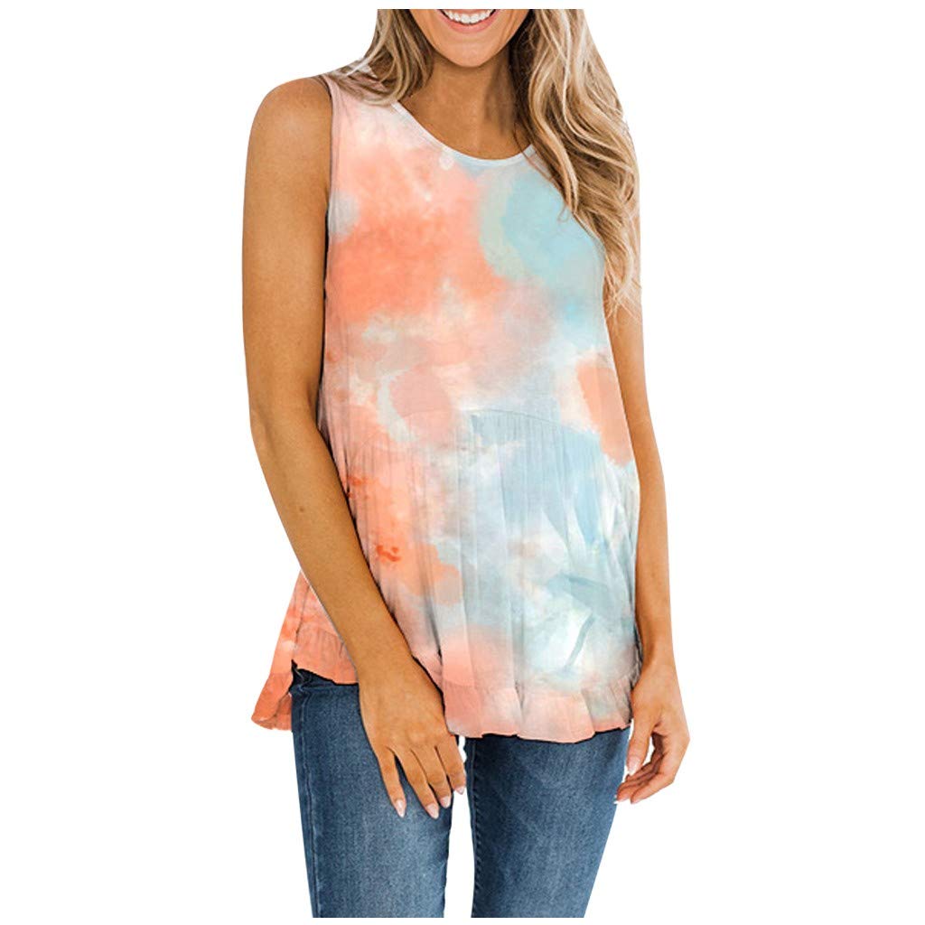 YTao Tank Tops for Women,Women's Summer Tie-Dye Sleeveless Crew-Neck Ruffles T-Shirt Casual Tank Tops (L,Yellow