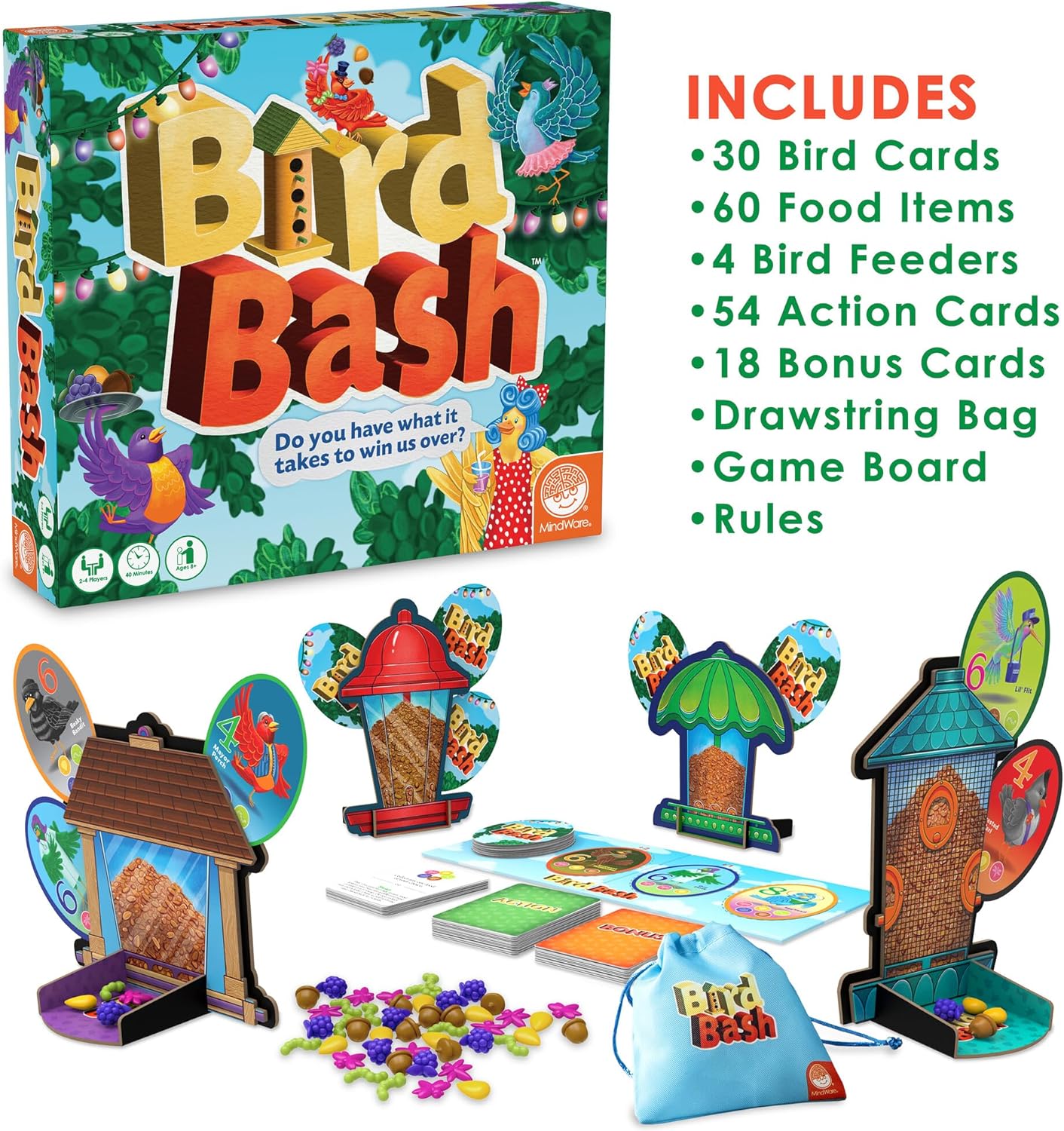 MindWare Bird Bash Family Board Game for 2-4 Players - Easy to Learn and Play in 40 Minutes - Earn Points with Action Cards - Fun Kid Board Games for Ages 8 and Up
