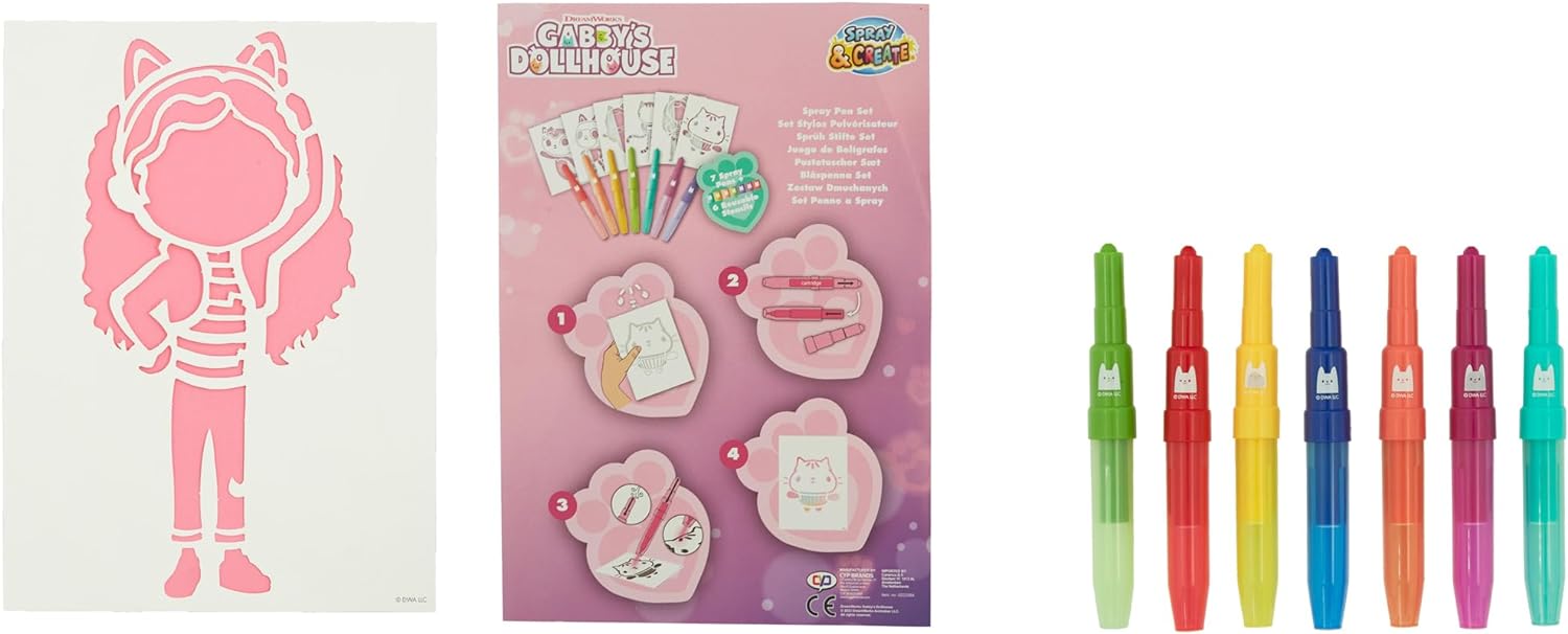 Gabby's Dollhouse - Spray Pen Set - Colouring Pens for Kids - Colouring Set with Colouring Pencils and Colouring Pages - GD23364
