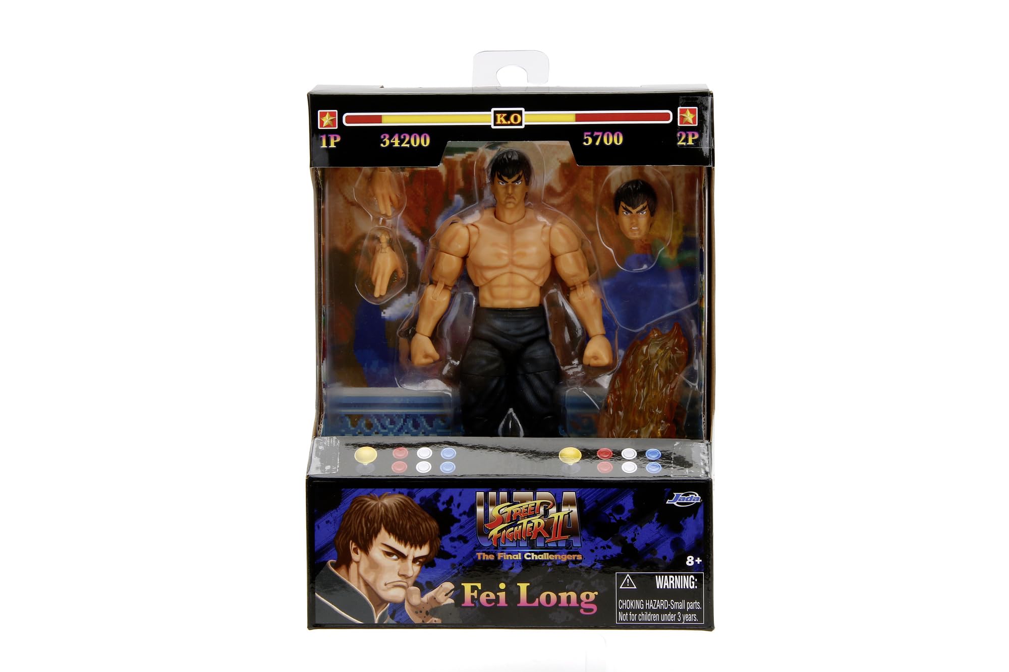 Jada - Street Fighter II Fei-Long, Figura Articulada 15cm, Con Manos y Cabeza Intercambiables, Accesorios y 20 Puntos Articulados (253252027)