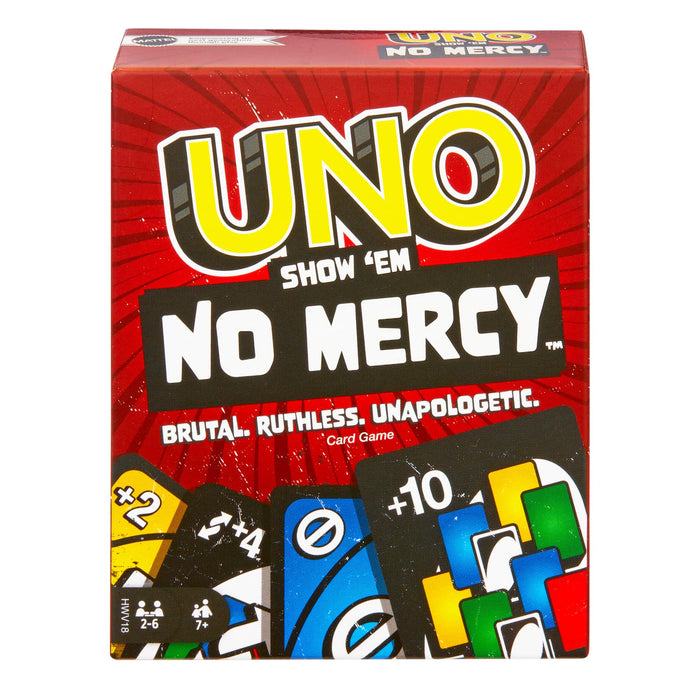 Mattel Games Juego de cartas UNO No Mercy Juego de mesa familiar con cartas nuevas, reglas especiales y penalizaciones más despiadadas, +7 años (HWV18)