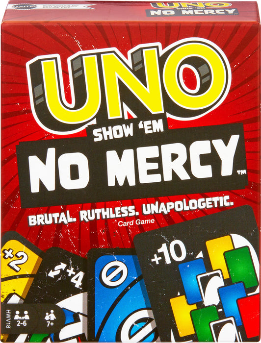 Mattel Games Juego de cartas UNO No Mercy Juego de mesa familiar con cartas nuevas, reglas especiales y penalizaciones más despiadadas, +7 años (HWV18)